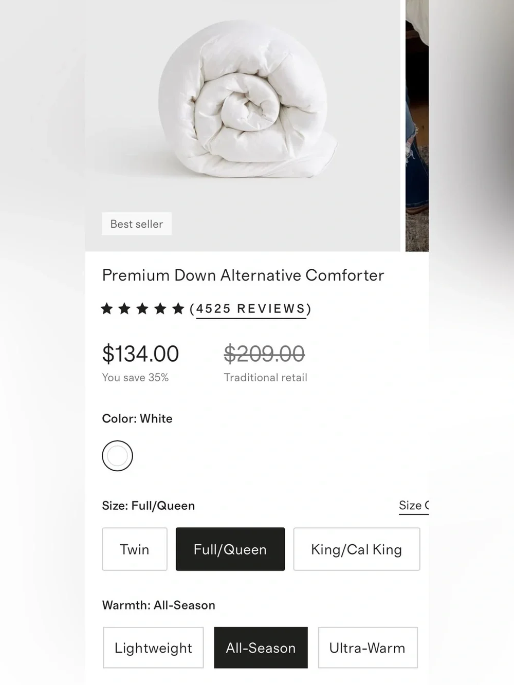 NEW Quince Premium Down Alternative All Season Comforter, Full/Queen (White)